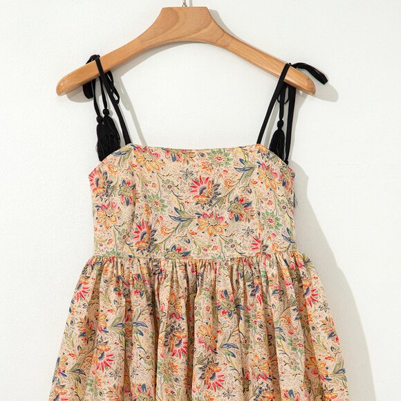B263 Apricot Floral Print Spaghetti Straps Ruffled Peplum Tank Top - Picture 6 of 13